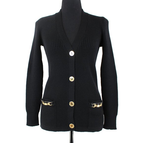 Celine Sweaters - CÉLINE Black Ribbed Knit Button Up Wool Cardigan 40 VTG Paris Sport Sweater M